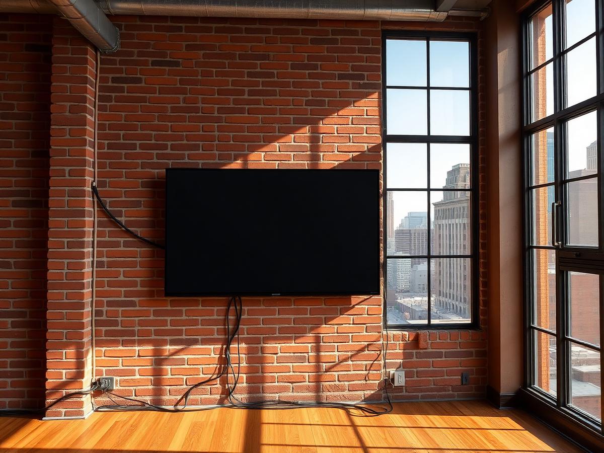TV mounted on an exposed brick wall in a Chicago loft with tall factory windows