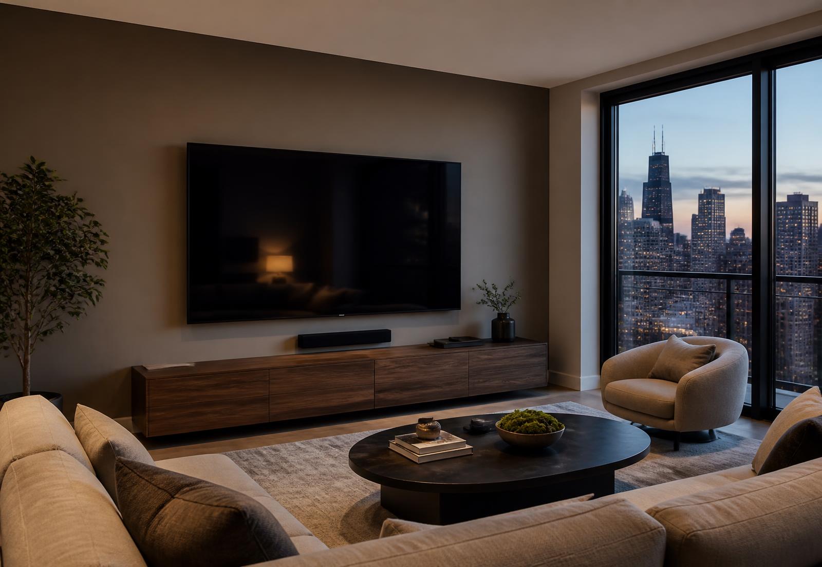 Large TV professionally wall mounted with concealed cables in a Chicago high-rise living room